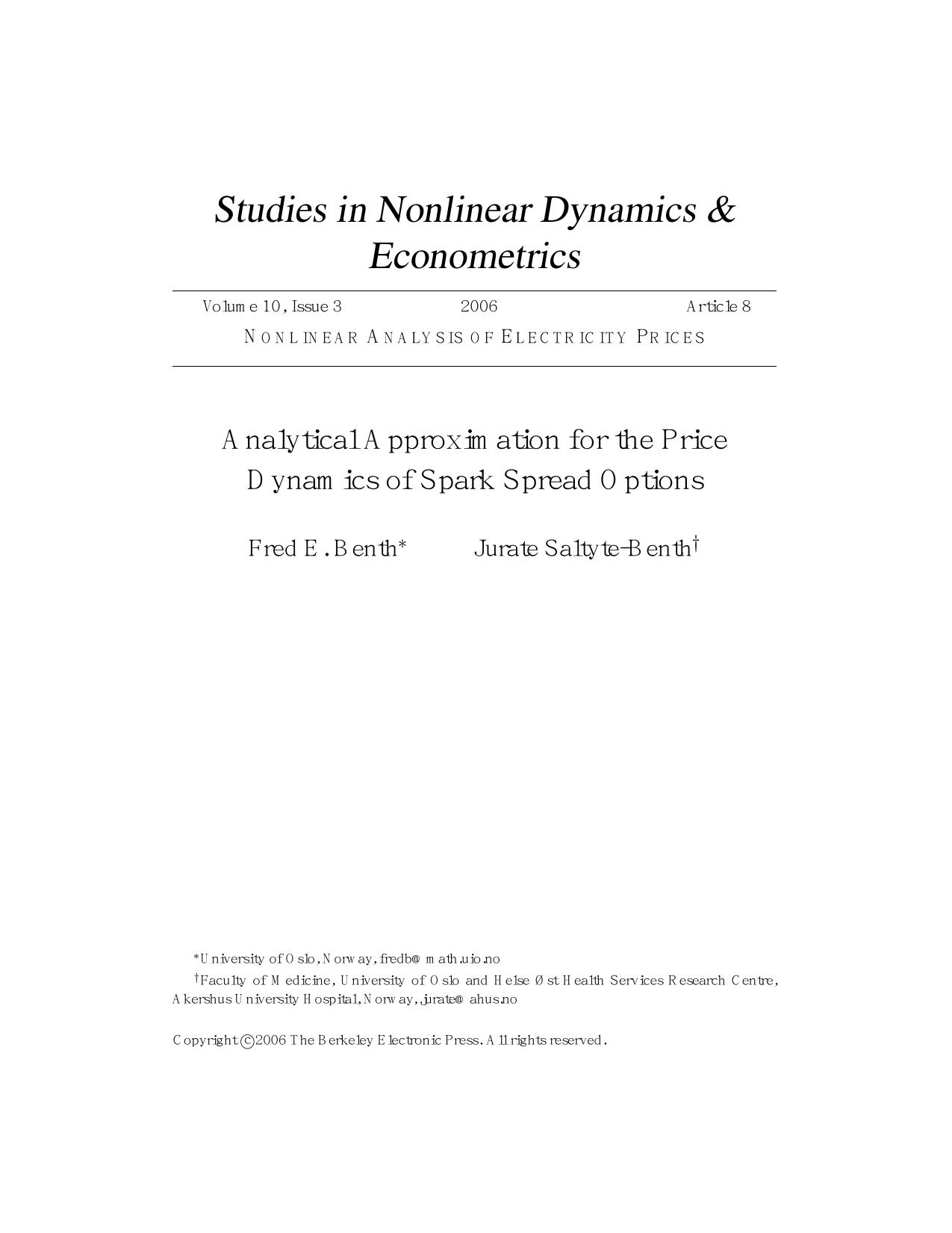 Analytical Approximation for the Price Dynamics of Spark Spread Options by Fred E. Benth & Jurate Saltyte-Benth
