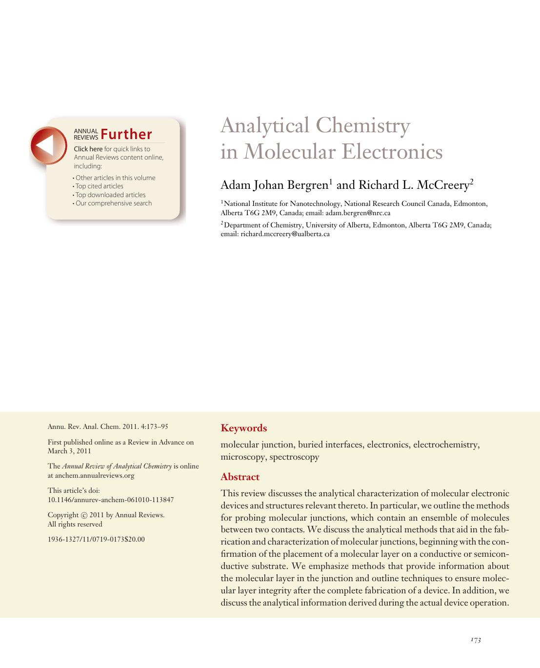 Analytical Chemistry in Molecular Electronics by Adam Johan Bergren1 and Richard L. McCreery2