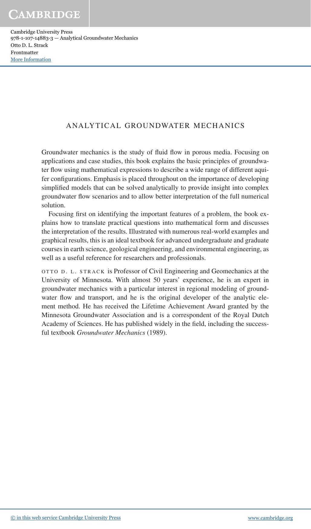 Analytical Groundwater Mechanics by Otto D. L. Strack