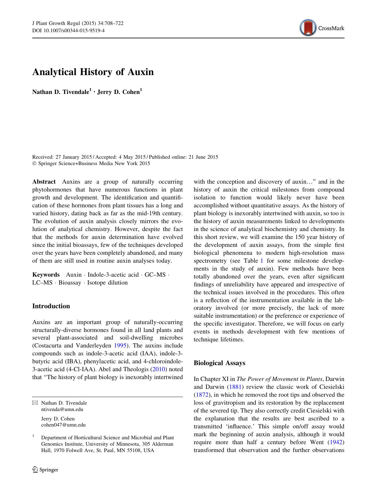 Analytical History of Auxin by Nathan D. Tivendale & Jerry D. Cohen