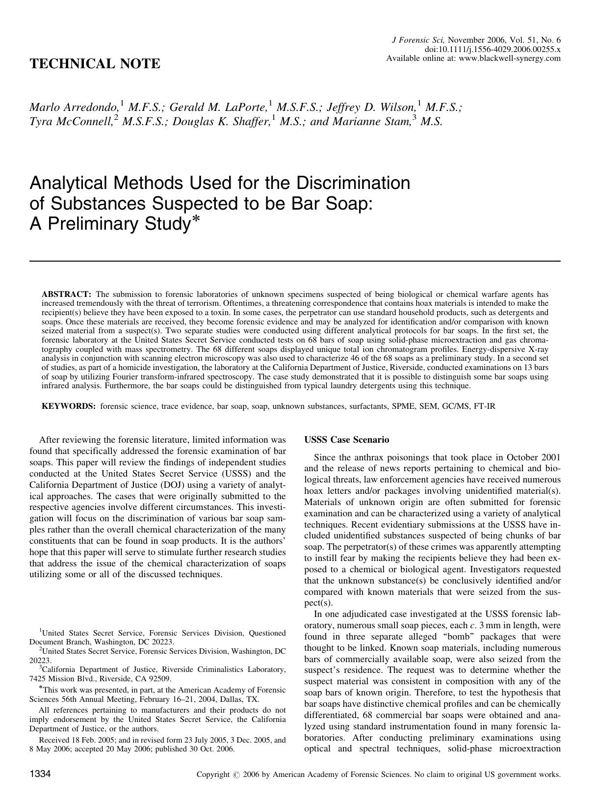 Analytical Methods Used for the Discrimination of Substances Suspected to be Bar Soap: A Preliminary Study* by Unknown