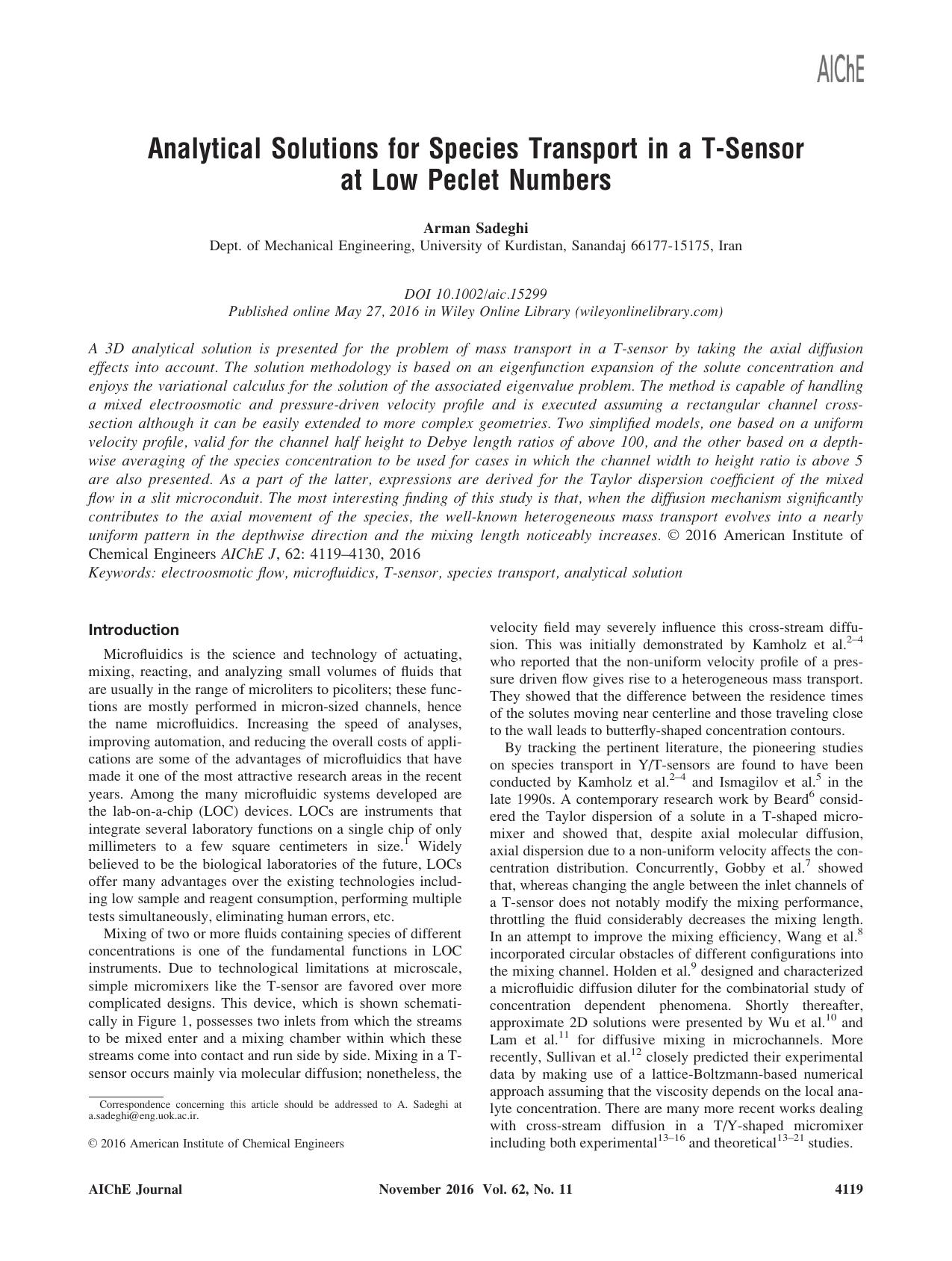 Analytical Solutions for Species Transport in a T‐Sensor at Low Peclet Numbers by Unknown