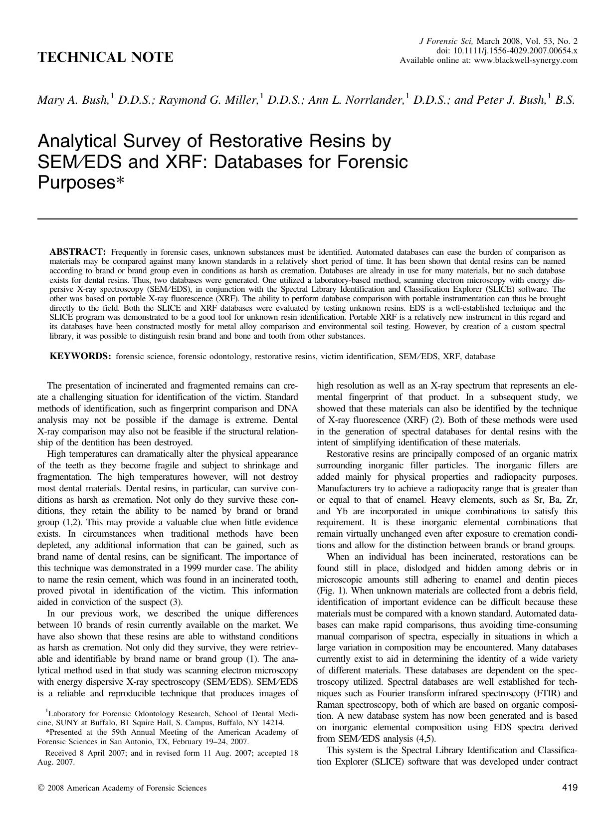Analytical Survey of Restorative Resins by SEMEDS and XRF: Databases for Forensic Purposes* by Unknown