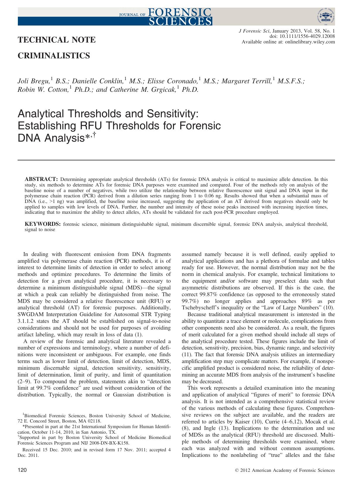 Analytical Thresholds and Sensitivity: Establishing RFU Thresholds for Forensic DNA Analysis, by Unknown