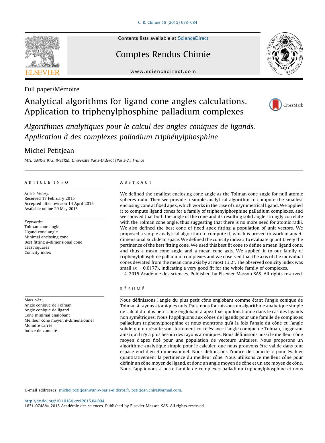 Analytical algorithms for ligand cone angles calculations. Application to triphenylphosphine palladium complexes by Michel Petitjean