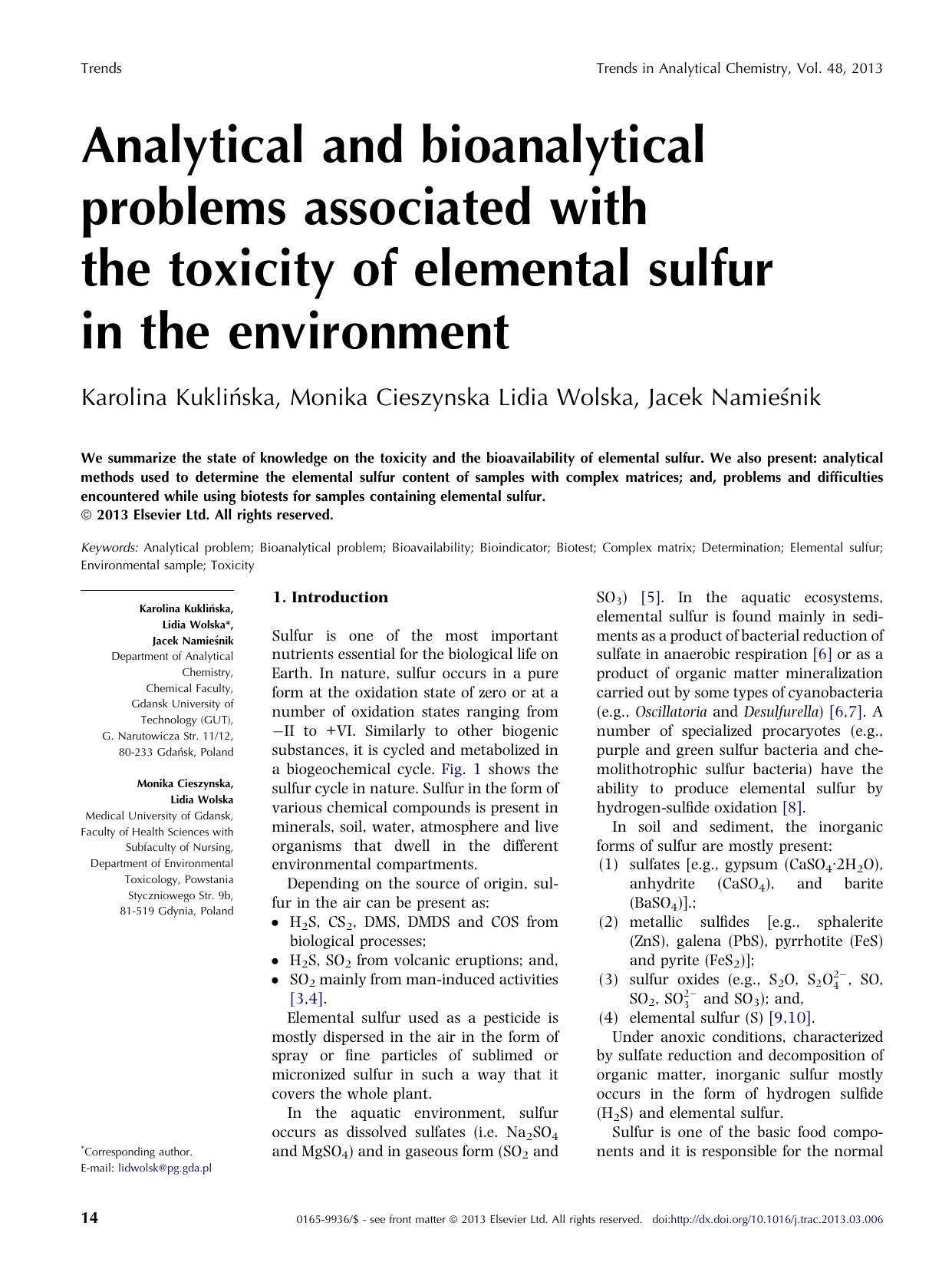 Analytical and bioanalytical problems associated with the toxicity of elemental sulfur in the environment by Karolina Kuklińska & Lidia Wolska & Jacek Namieśnik & Monika Cieszynska