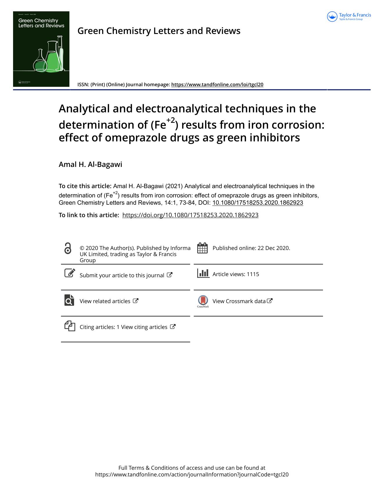 Analytical and electroanalytical techniques in the determination of (Fe+2) results from iron corrosion: effect of omeprazole drugs as green inhibitors by Amal H. Al-Bagawi