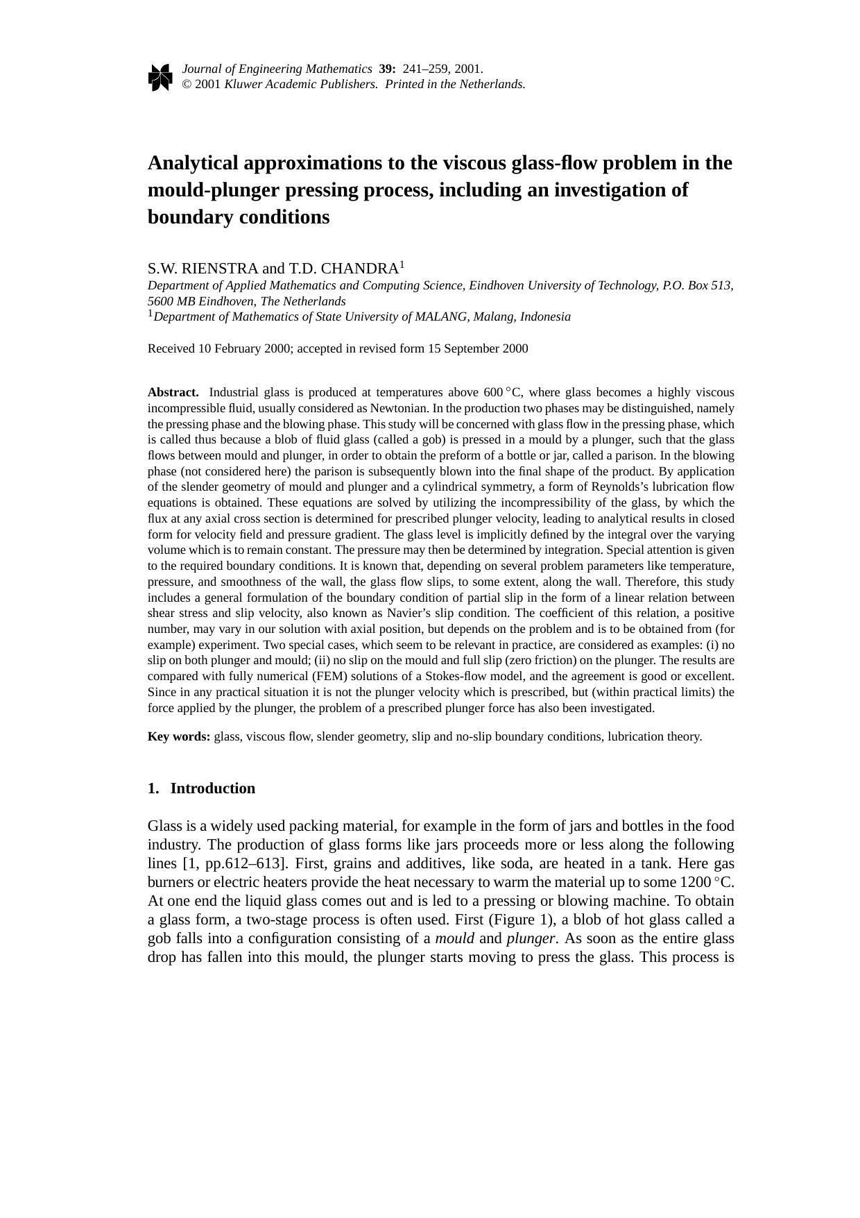 Analytical approximations to the viscous glass-flow problem in the mould-plunger pressing process, including an investigation of boundary conditions by Unknown