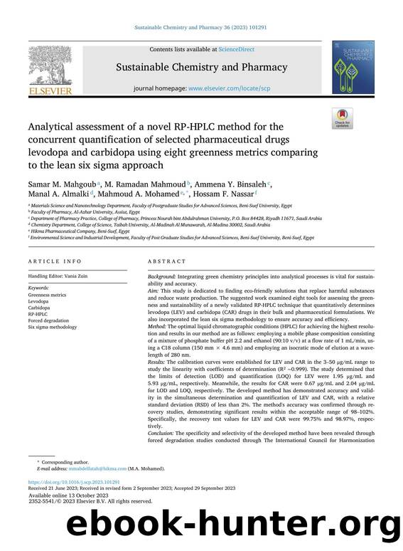 Analytical assessment of a novel RP-HPLC method for the concurrent quantification of selected pharmaceutical drugs levodopa and carbidopa using eight greenness metrics comparing to by unknow