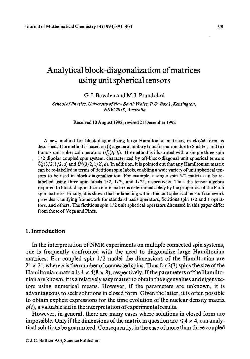 Analytical block-diagonalization of matrices using unit spherical tensors by Unknown
