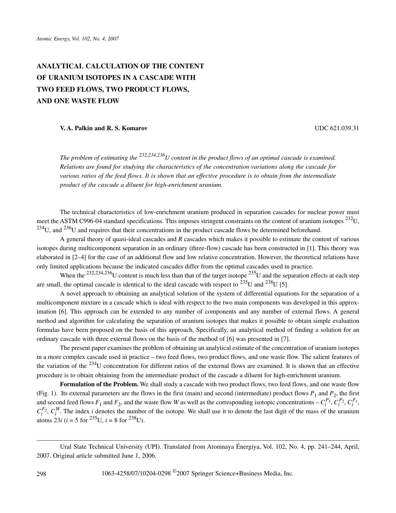 Analytical calculation of the content of uranium isotopes in a cascade with two feed flows, two product flows, and one waste flow by Unknown