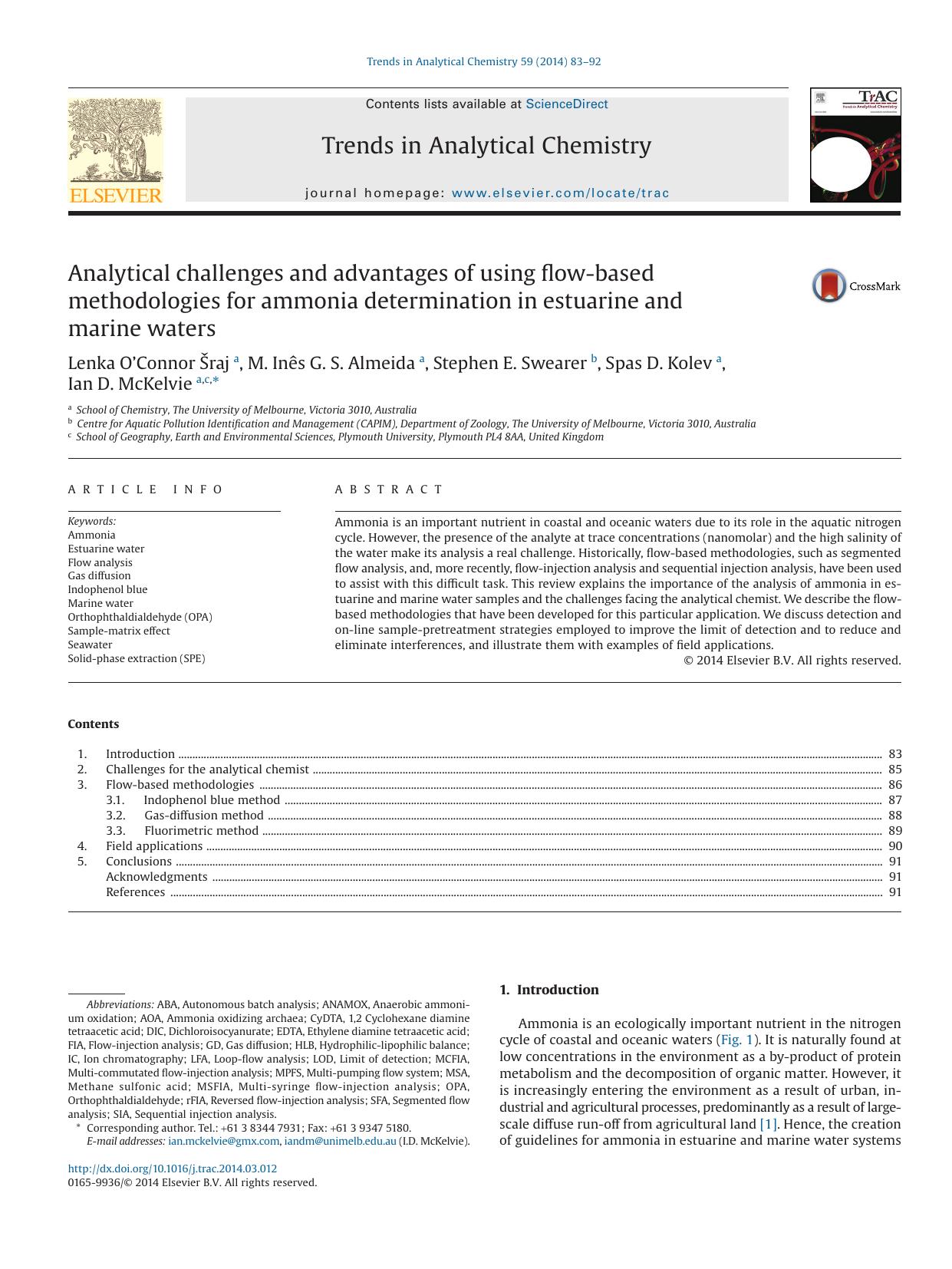 Analytical challenges and advantages of using flow-based methodologies for ammonia determination in estuarine and marine waters by Lenka O'Connor Šraj & M. Inês G.S. Almeida & Stephen E. Swearer & Spas D. Kolev & Ian D. McKelvie