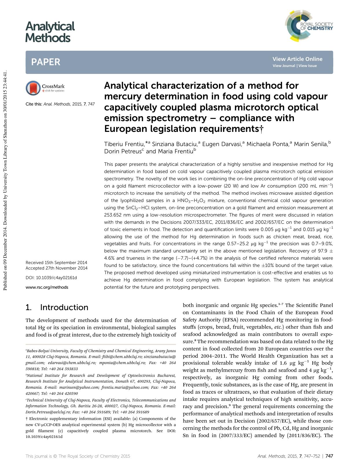 Analytical characterization of a method for mercury determination in food using cold vapour capacitively coupled plasma microtorch optical emission spectrometry â compliance with by unknow
