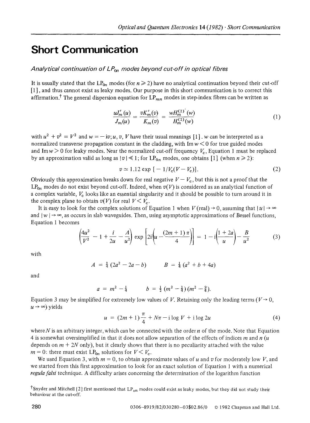 Analytical continuation of LP <Subscript>0n <Subscript> modes beyond cut-off in optical fibres by Unknown
