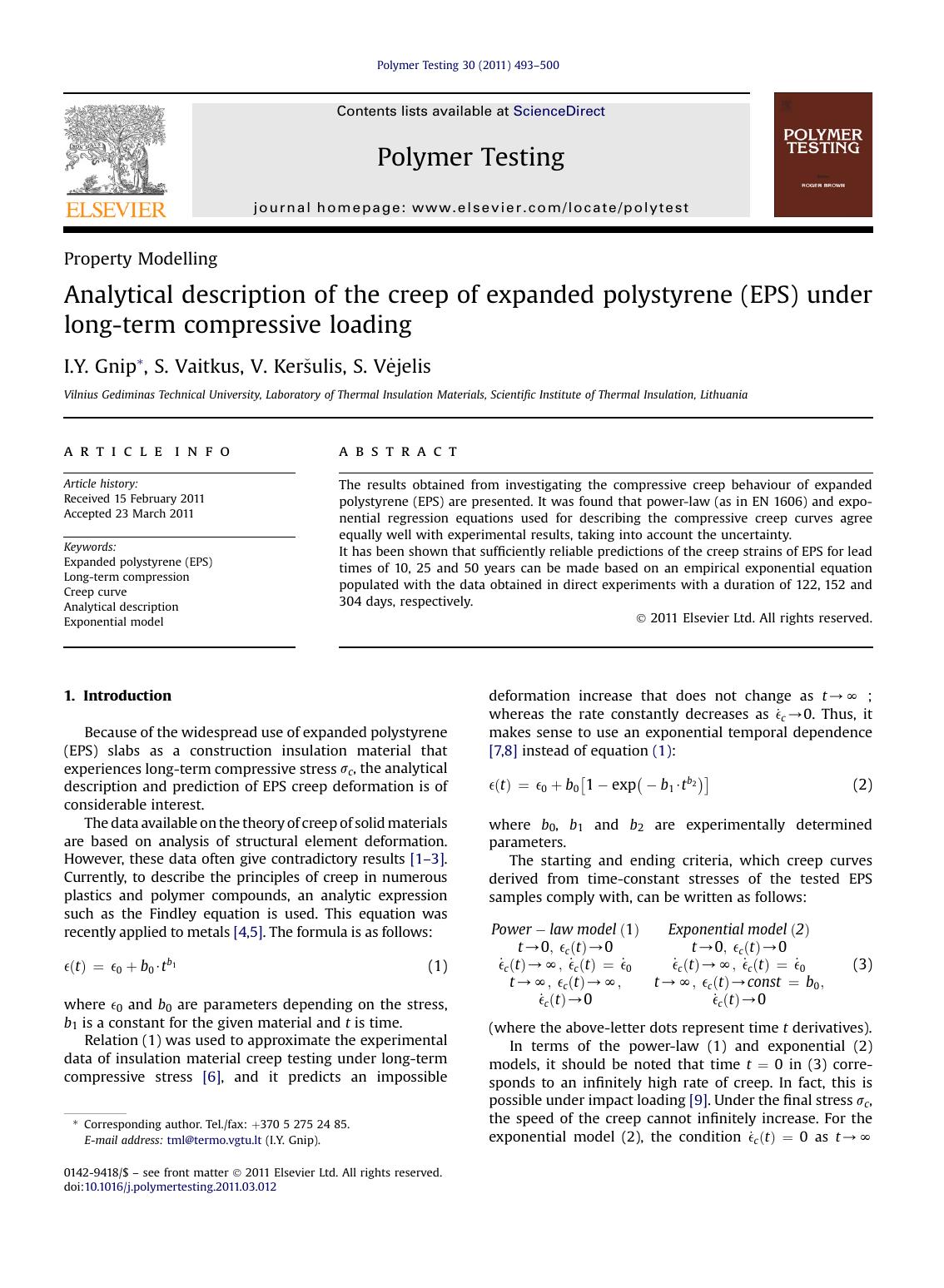 Analytical description of the creep of expanded polystyrene (EPS) under long-term compressive loading by I.Y. Gnip & S. Vaitkus & V. Keršulis & S. Vėjelis