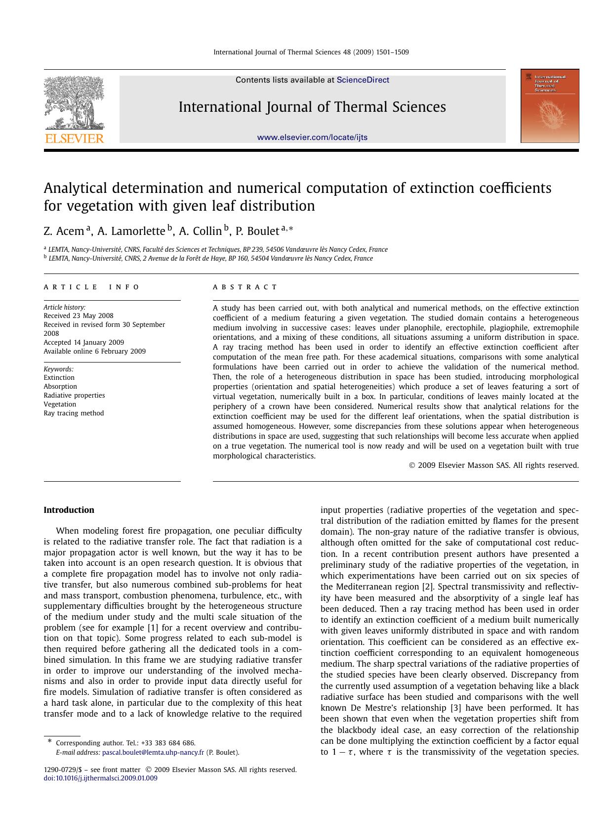 Analytical determination and numerical computation of extinction coefficients for vegetation with given leaf distribution by Z. Acem; A. Lamorlette; A. Collin; P. Boulet