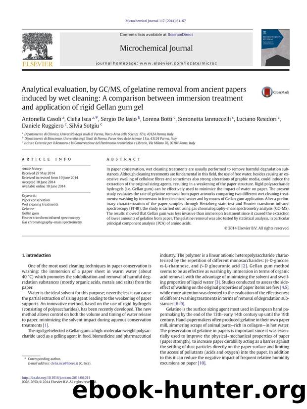 Analytical evaluation, by GCMS, of gelatine removal from ancient papers induced by wet cleaning: A comparison between immersion treatment and application of rigid Gellan gum gel by unknow