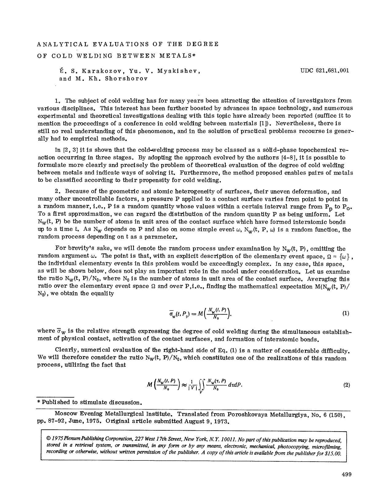 Analytical evaluations of the degree of cold welding between metals by Unknown
