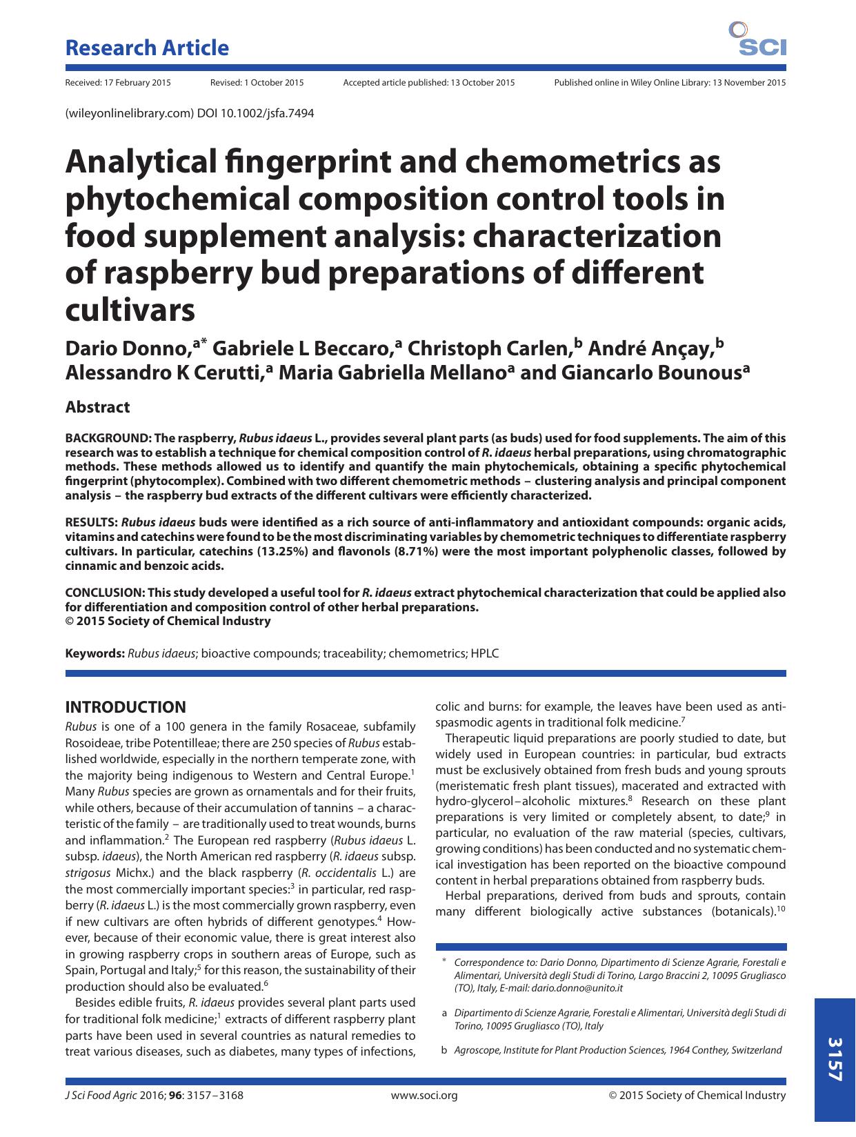 Analytical fingerprint and chemometrics as phytochemical composition control tools in food supplement analysis: characterization of raspberry bud preparations of different cultivars by Unknown