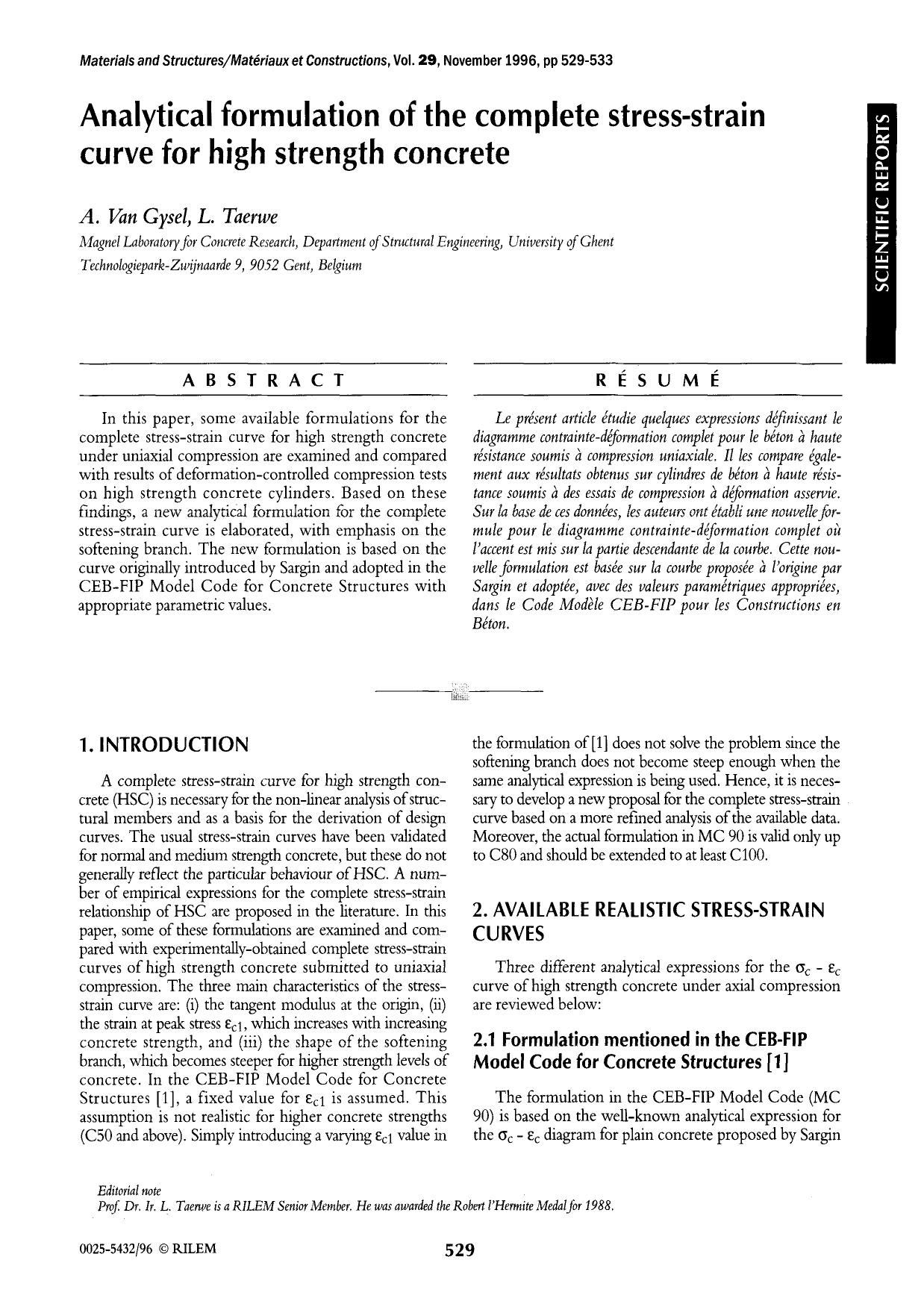 Analytical formulation of the complete stress-strain curve for high strength concrete by Unknown