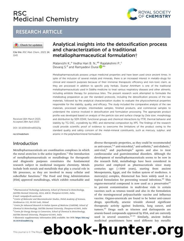 Analytical insights into the detoxification process and characterization of a traditional metallopharmaceutical formulation by Malarvizhi K. & Vedha Hari B. N. & Rajalakshmi P. & Devaraj S. & Ramyadevi Durai