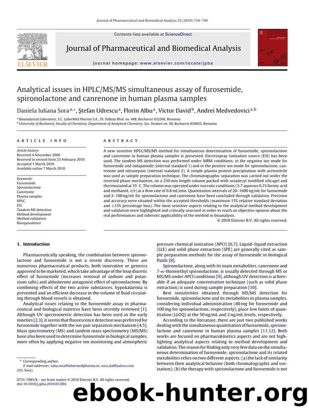 Analytical issues in HPLCMSMS simultaneous assay of furosemide, spironolactone and canrenone in human plasma samples by Daniela Iuliana Sora; Åžtefan Udrescu; Florin Albu; Victor David; Andrei Medvedovici