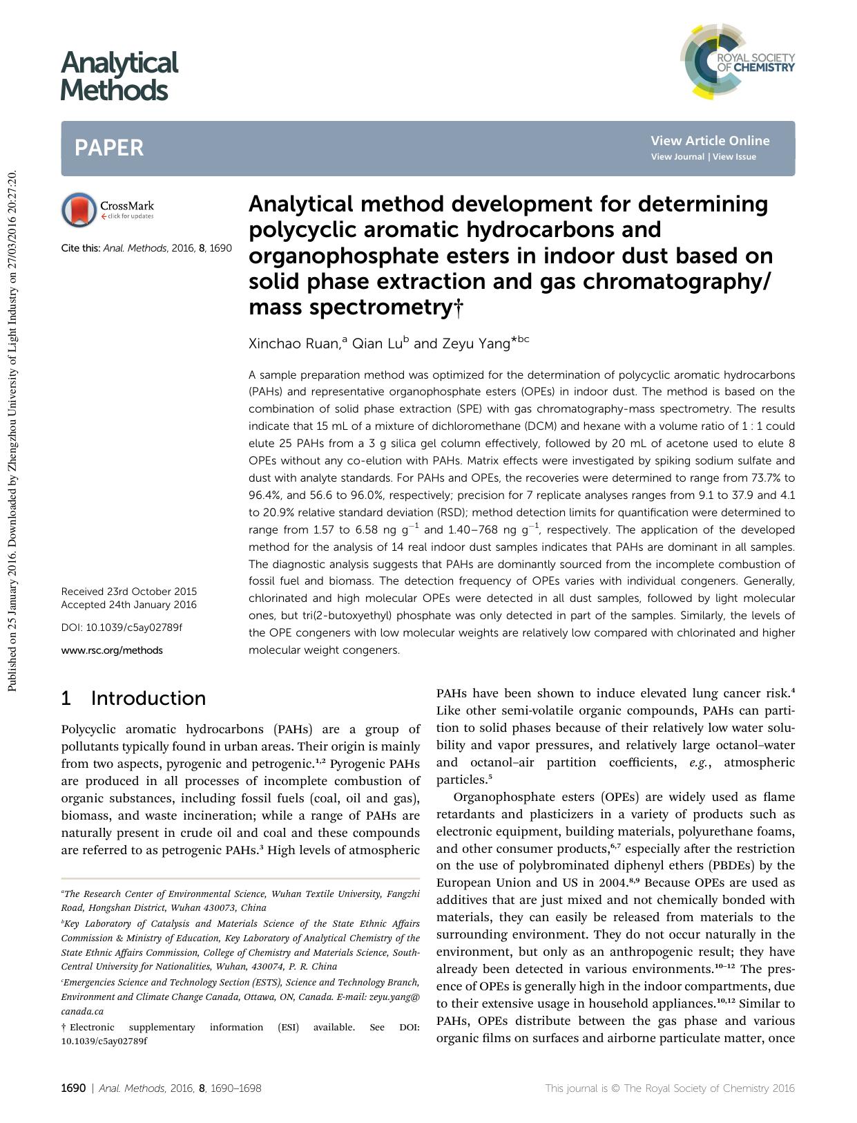 Analytical method development for determining polycyclic aromatic hydrocarbons and organophosphate esters in indoor dust based on solid phase extraction and gas chromatographymass spectrometry by Xinchao Ruan & Qian Lu & Zeyu Yang