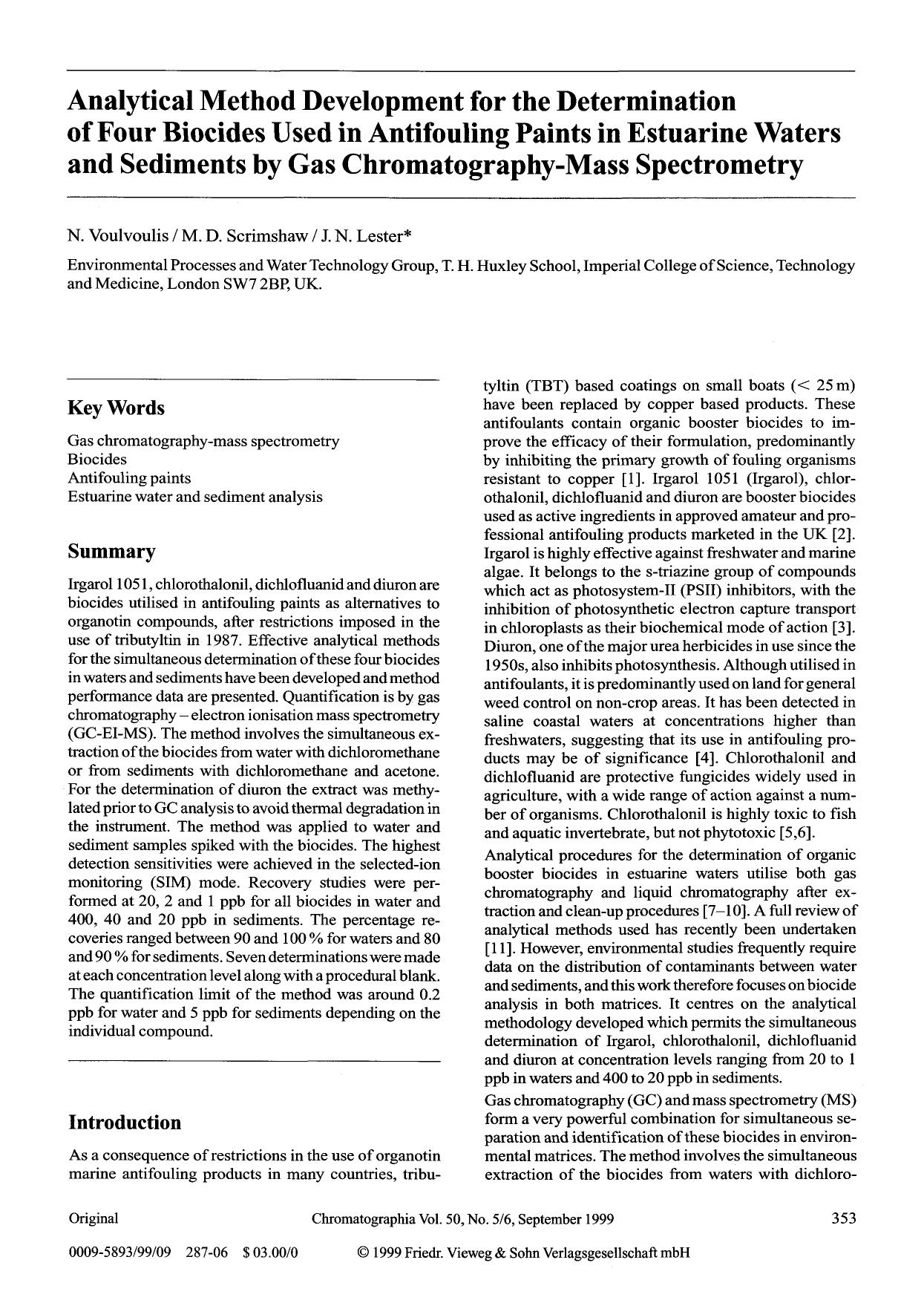Analytical method development for the determination of four biocides used in antifouling paints in estuarine waters and sediments by gas chromatography-mass spectrometry by Unknown
