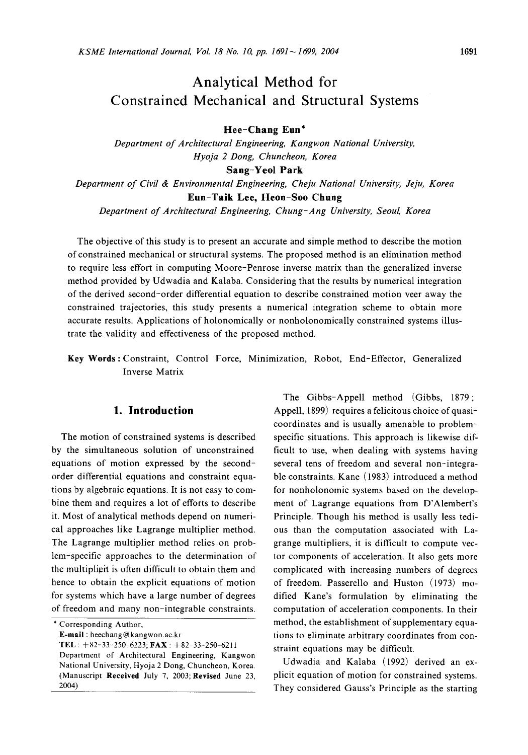 Analytical method for constrained mechanical and structural systems by Unknown