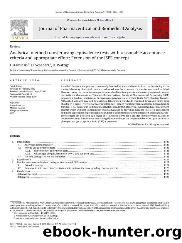 Analytical method transfer using equivalence tests with reasonable acceptance criteria and appropriate effort: Extension of the ISPE concept by L. Kaminski