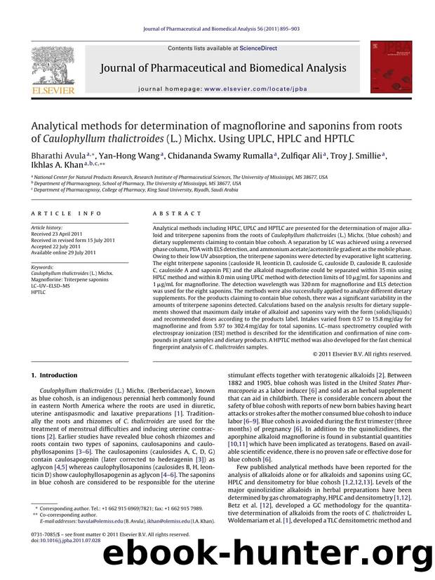 Analytical methods for determination of magnoflorine and saponins from roots of Caulophyllum thalictroides (L.) Michx. Using UPLC, HPLC and HPTLC by Bharathi Avula