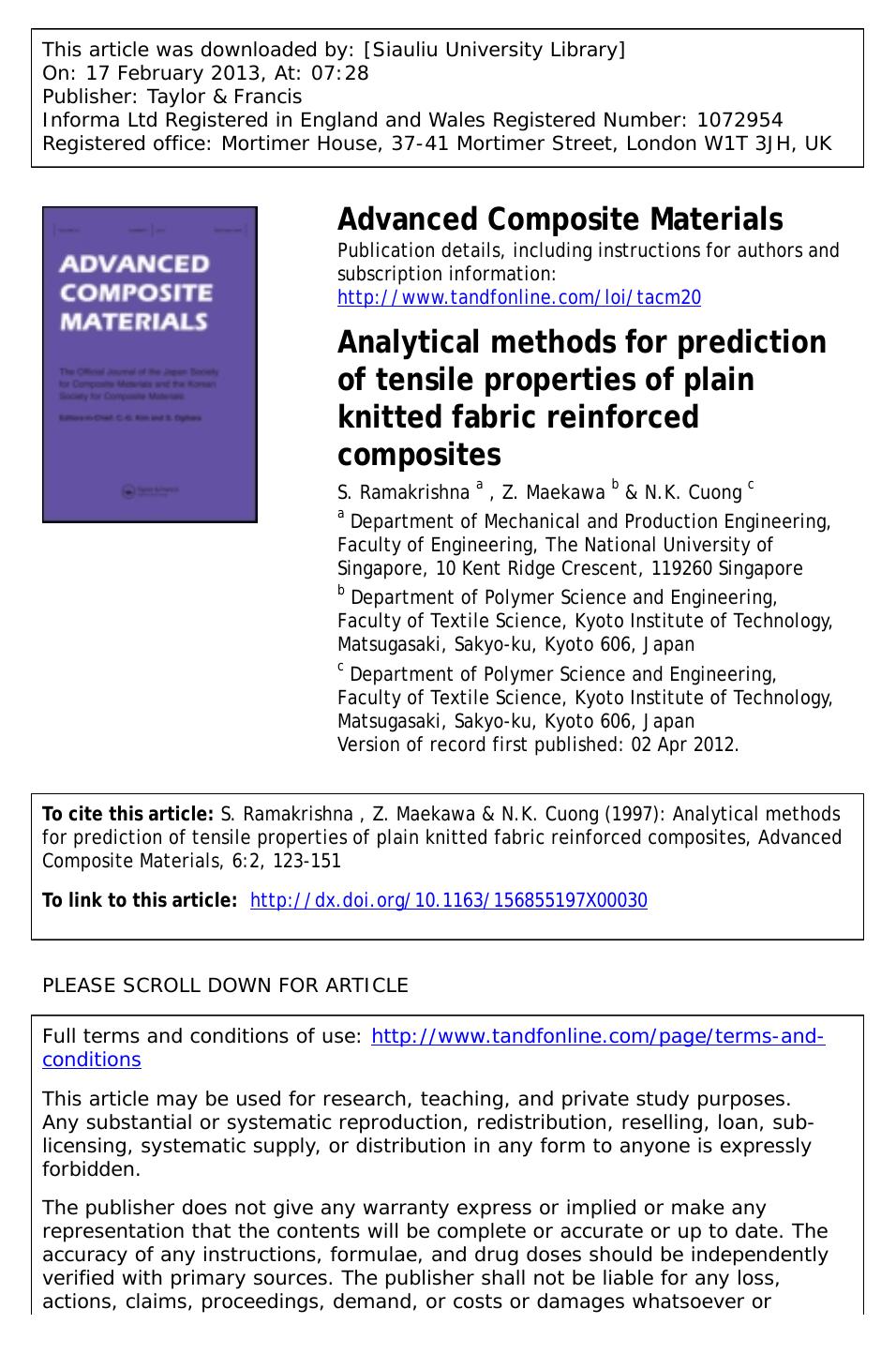 Analytical methods for prediction of tensile properties of plain knitted fabric reinforced composites by S. Ramakrishna Z. Maekawa & N.K. Cuong