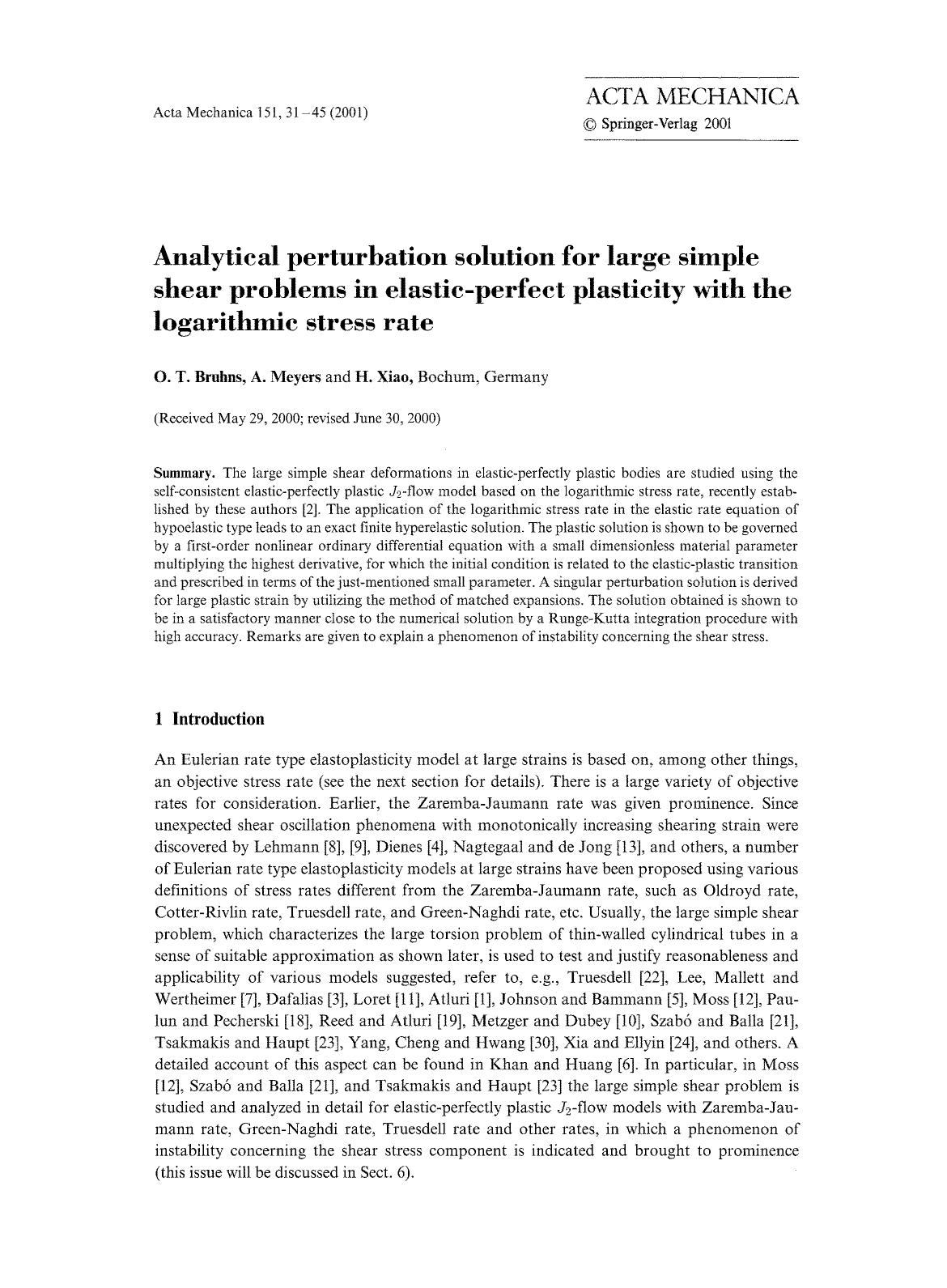 Analytical perturbation solution for large simple shear problems in elastic-perfect plasticity with the logarithmic stress rate by Unknown
