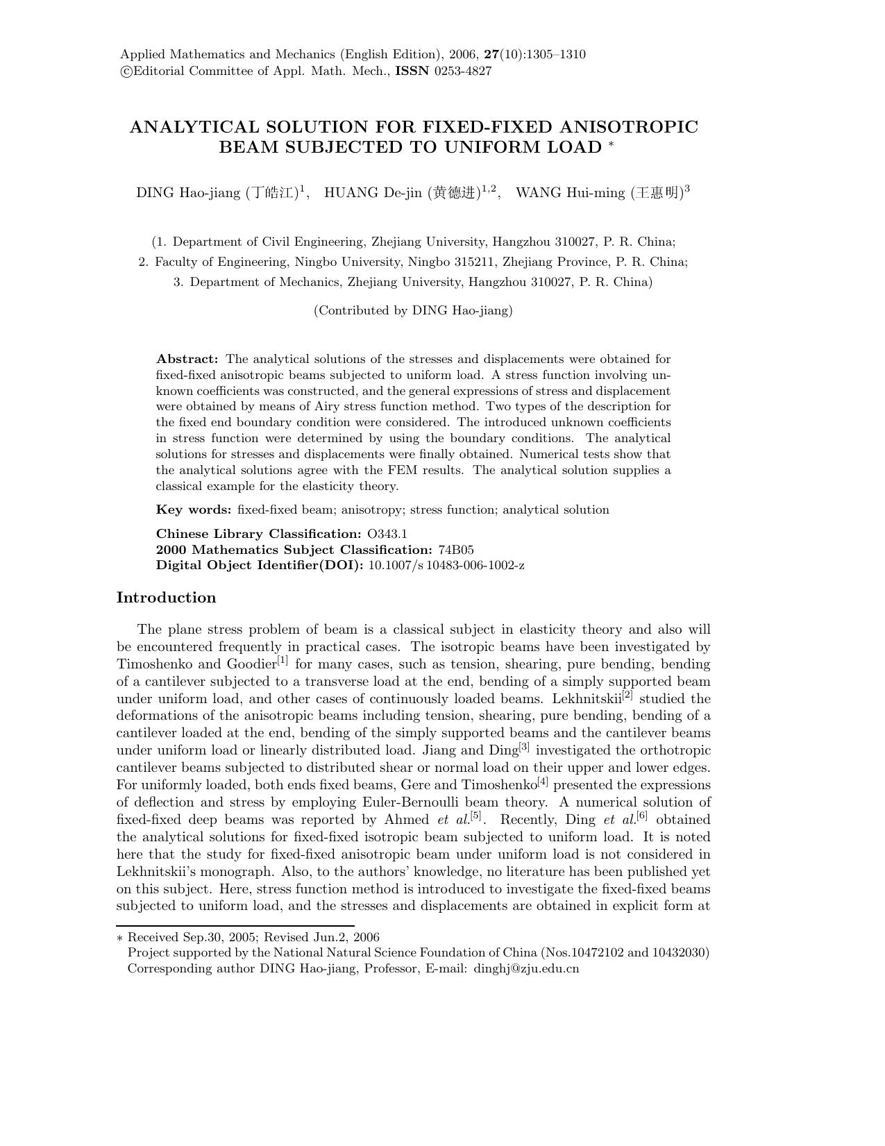 Analytical solution for fixed-fixed anisotropic beam subjected to uniform load by Unknown