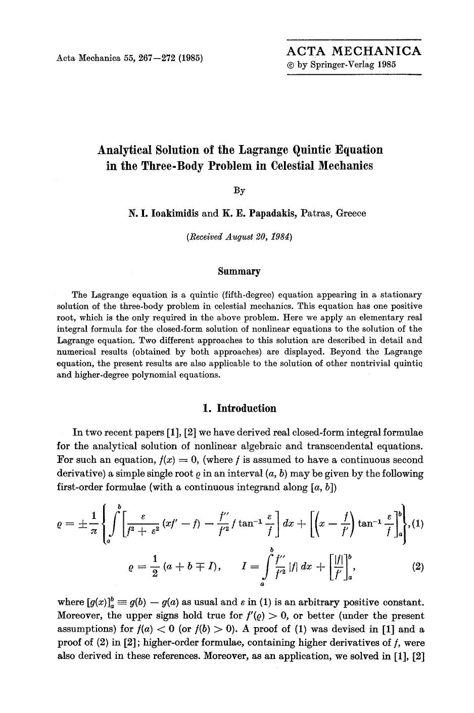 Analytical solution of the Lagrange quintic equation in the three-body problem in celestial mechanics by Unknown