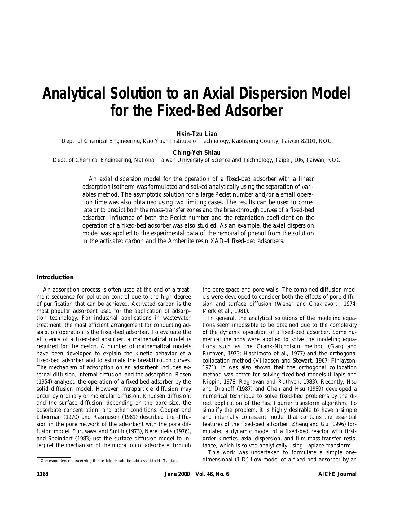 Analytical solution to an axial dispersion model for the fixed-bed adsorber by ?