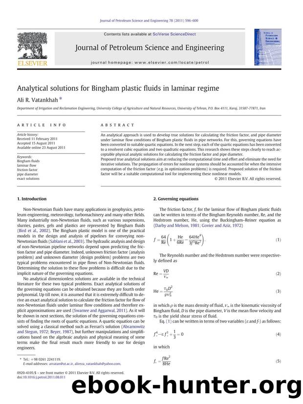 Analytical solutions for Bingham plastic fluids in laminar regime by Ali R. Vatankhah