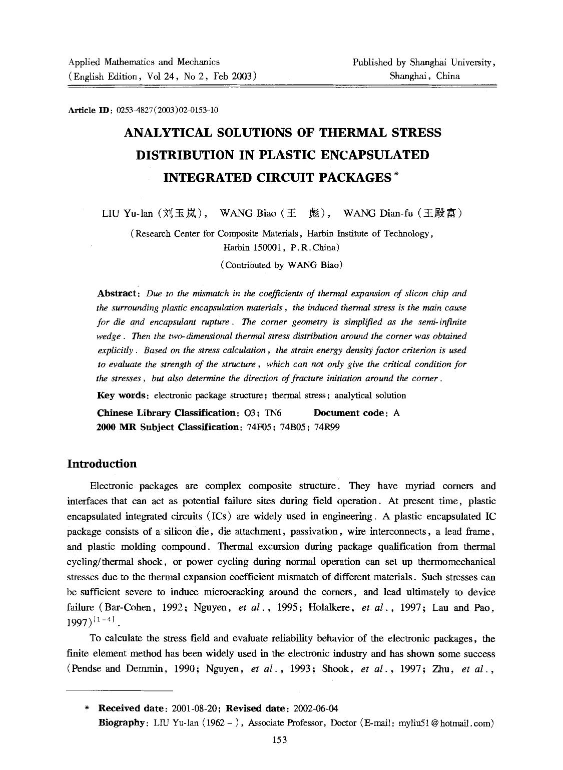 Analytical solutions of thermal stress distribution in plastic encapsulated integrated circuit packages by Unknown