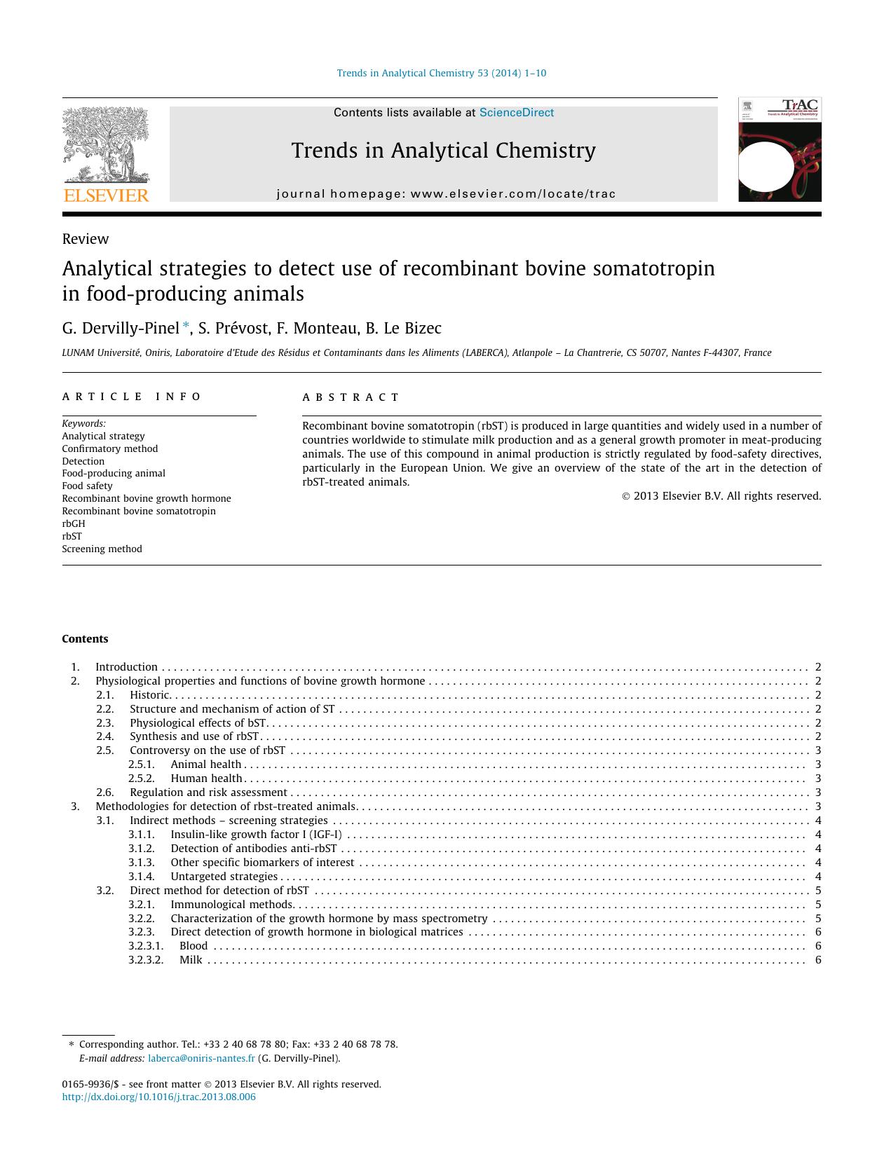 Analytical strategies to detect use of recombinant bovine somatotropin in food-producing animals by G. Dervilly-Pinel & S. Prévost & F. Monteau & B. Le Bizec