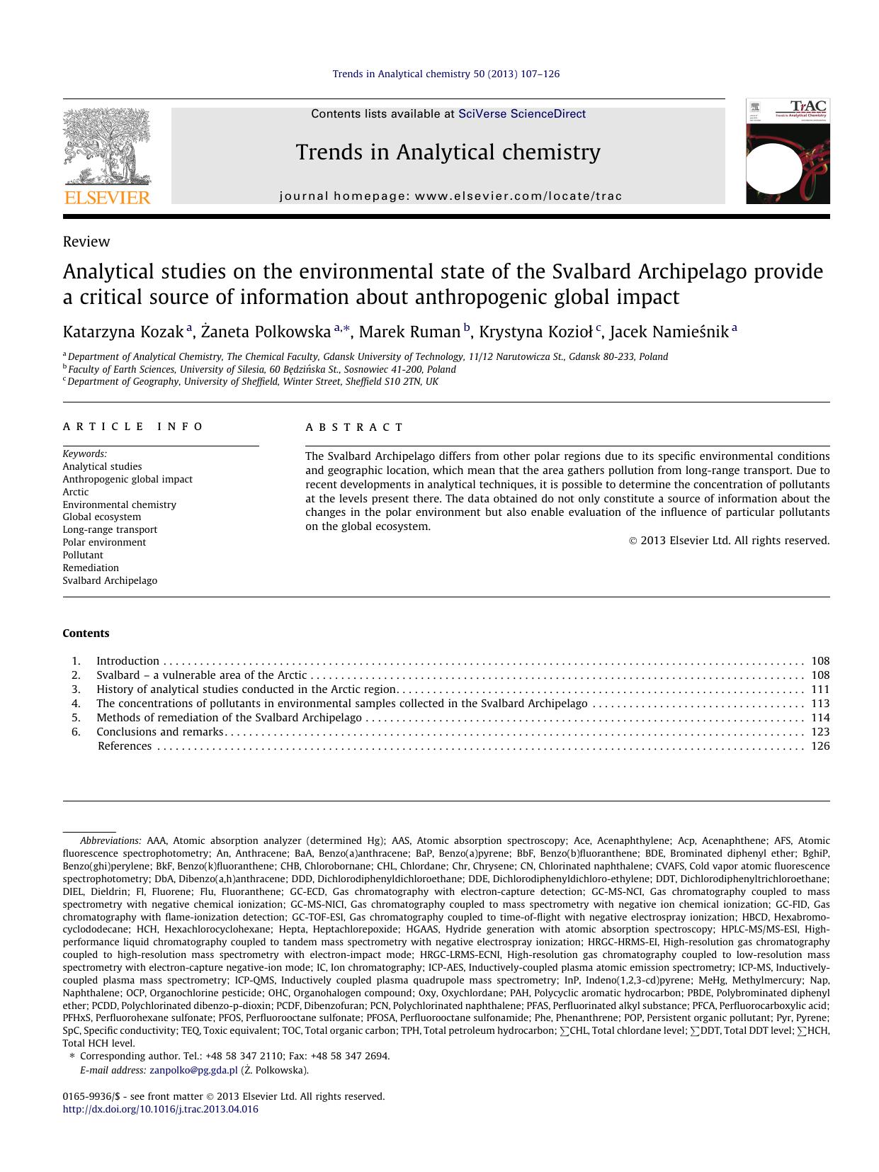 Analytical studies on the environmental state of the Svalbard Archipelago provide a critical source of information about anthropogenic global impact by Katarzyna Kozak & Żaneta Polkowska & Marek Ruman & Krystyna Kozioł & Jacek Namieśnik
