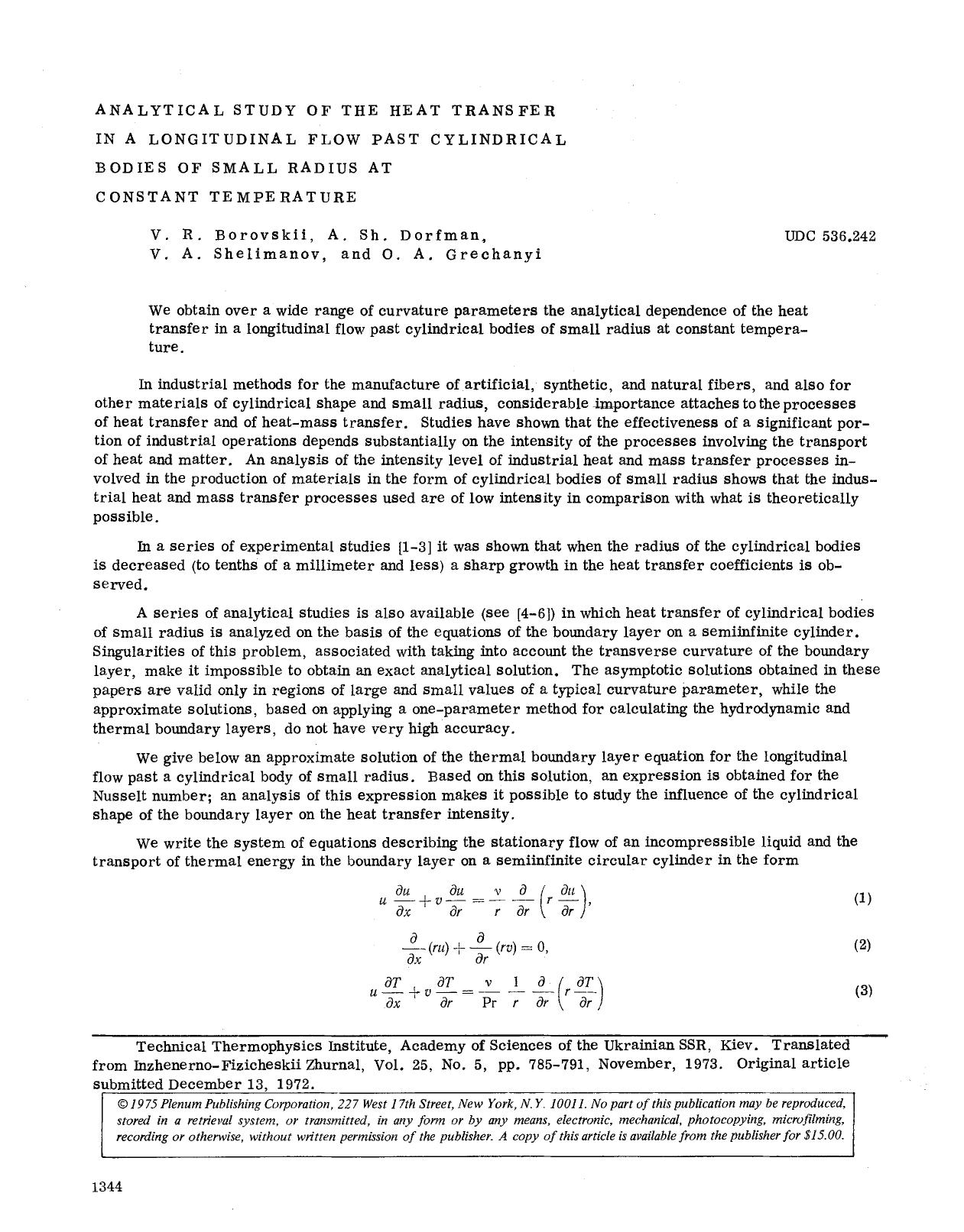 Analytical study of the heat transfer in a longitudinal flow past cylindrical bodies of small radius at constant temperature by Unknown