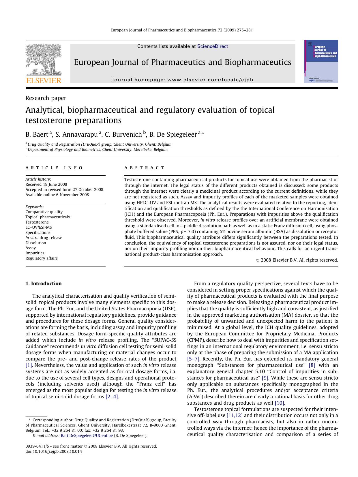 Analytical, biopharmaceutical and regulatory evaluation of topical testosterone preparations by B. Baert; S. Annavarapu; C. Burvenich; B. De Spiegeleer