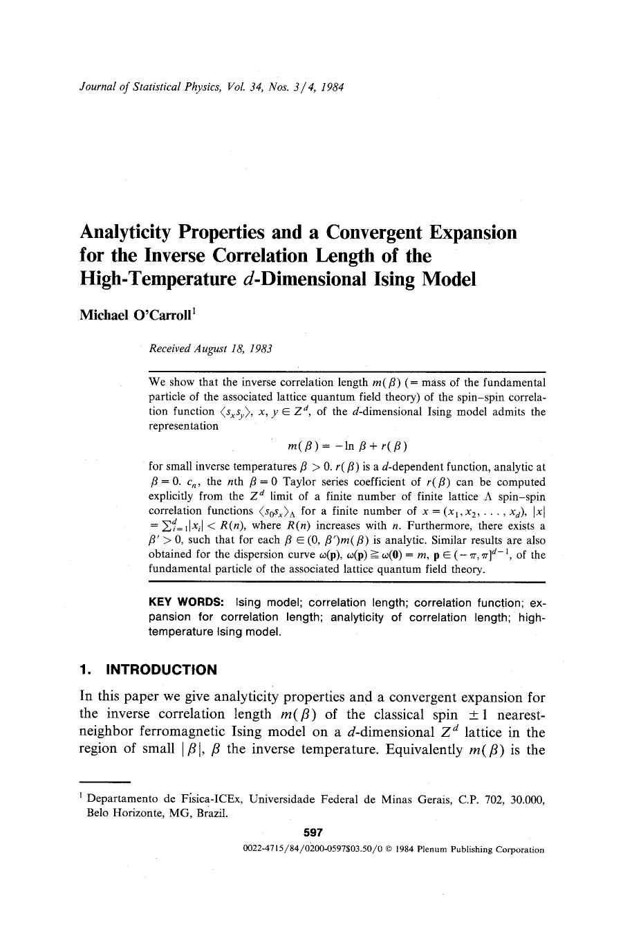 Analyticity properties and a convergent expansion for the inverse correlation length of the high-temperature <Emphasis Type="Italic">d <Emphasis>-dimensional Ising model by Unknown