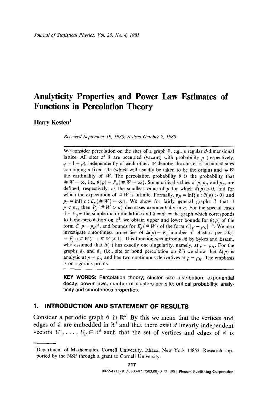 Analyticity properties and power law estimates of functions in percolation theory by Unknown