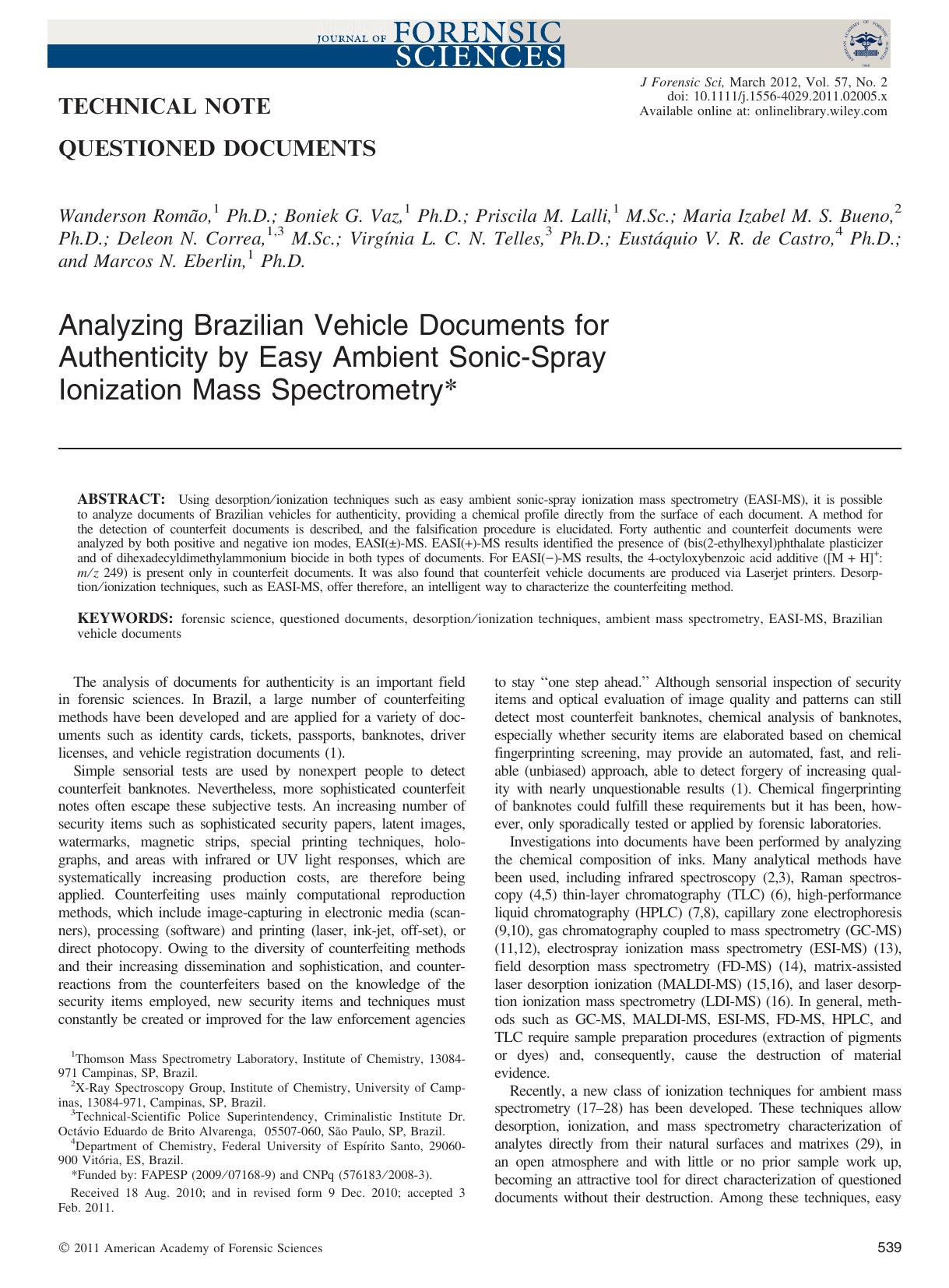 Analyzing Brazilian Vehicle Documents for Authenticity by Easy Ambient SonicSpray Ionization Mass Spectrometry by Unknown