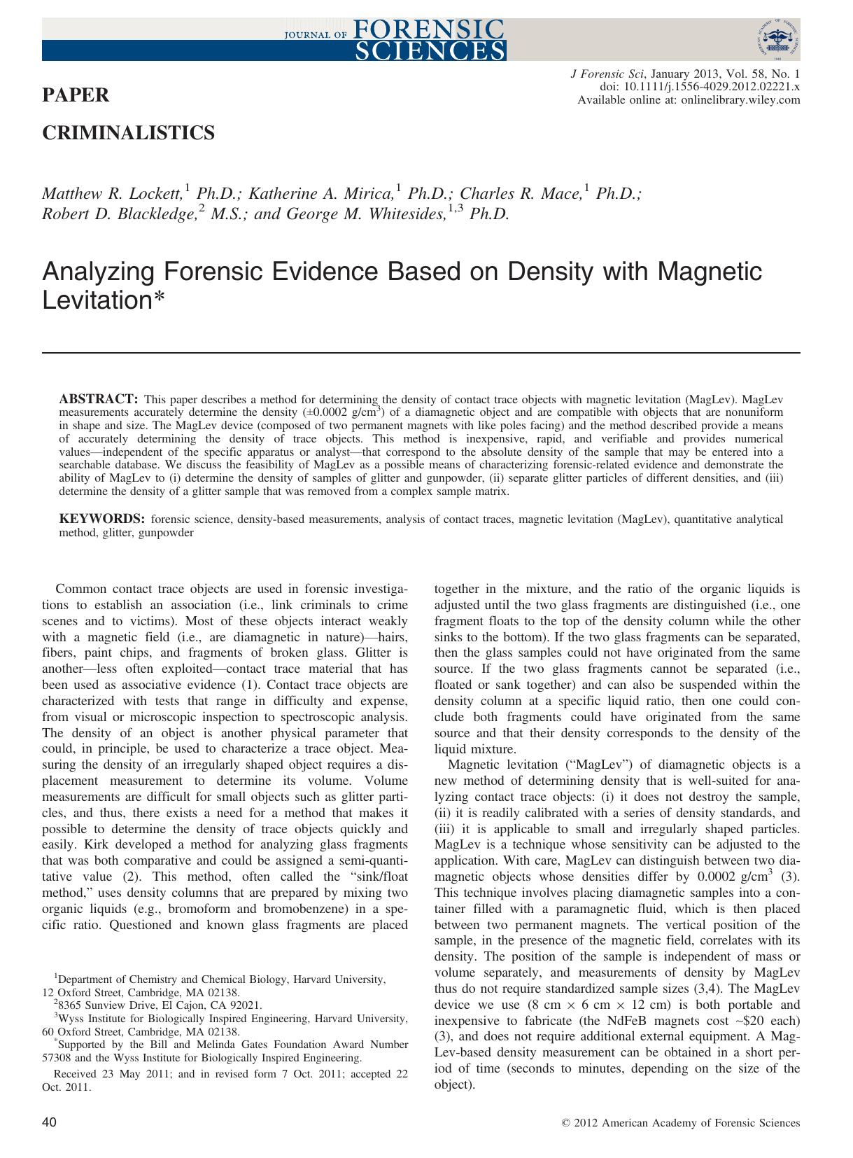 Analyzing Forensic Evidence Based on Density with Magnetic Levitation by Unknown