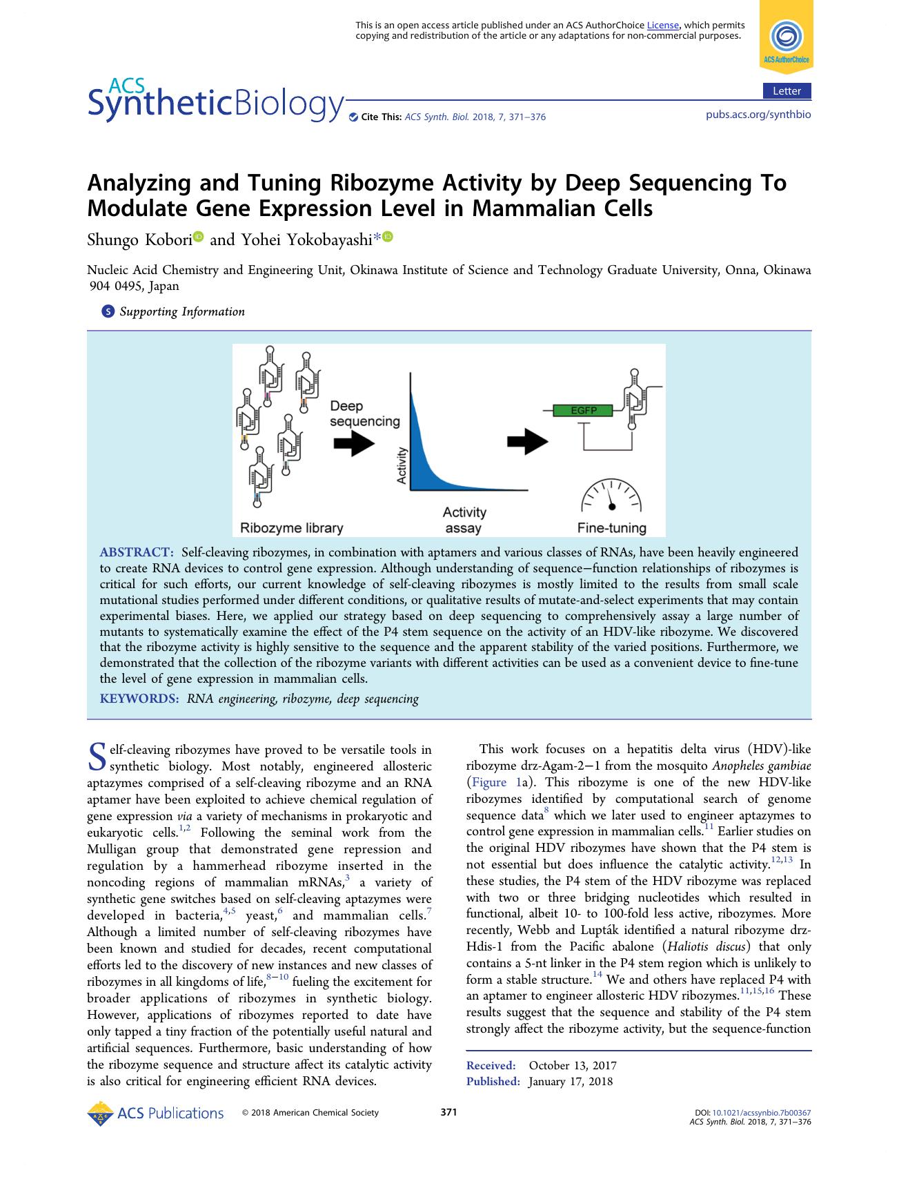 Analyzing and Tuning Ribozyme Activity by Deep Sequencing To Modulate Gene Expression Level in Mammalian Cells by Shungo Kobori and Yohei Yokobayashi