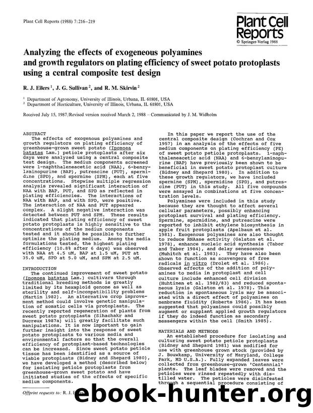 Analyzing the effects of exogeneous polyamines and growth regulators on plating efficiency of sweet potato protoplasts using a central composite test design by Unknown