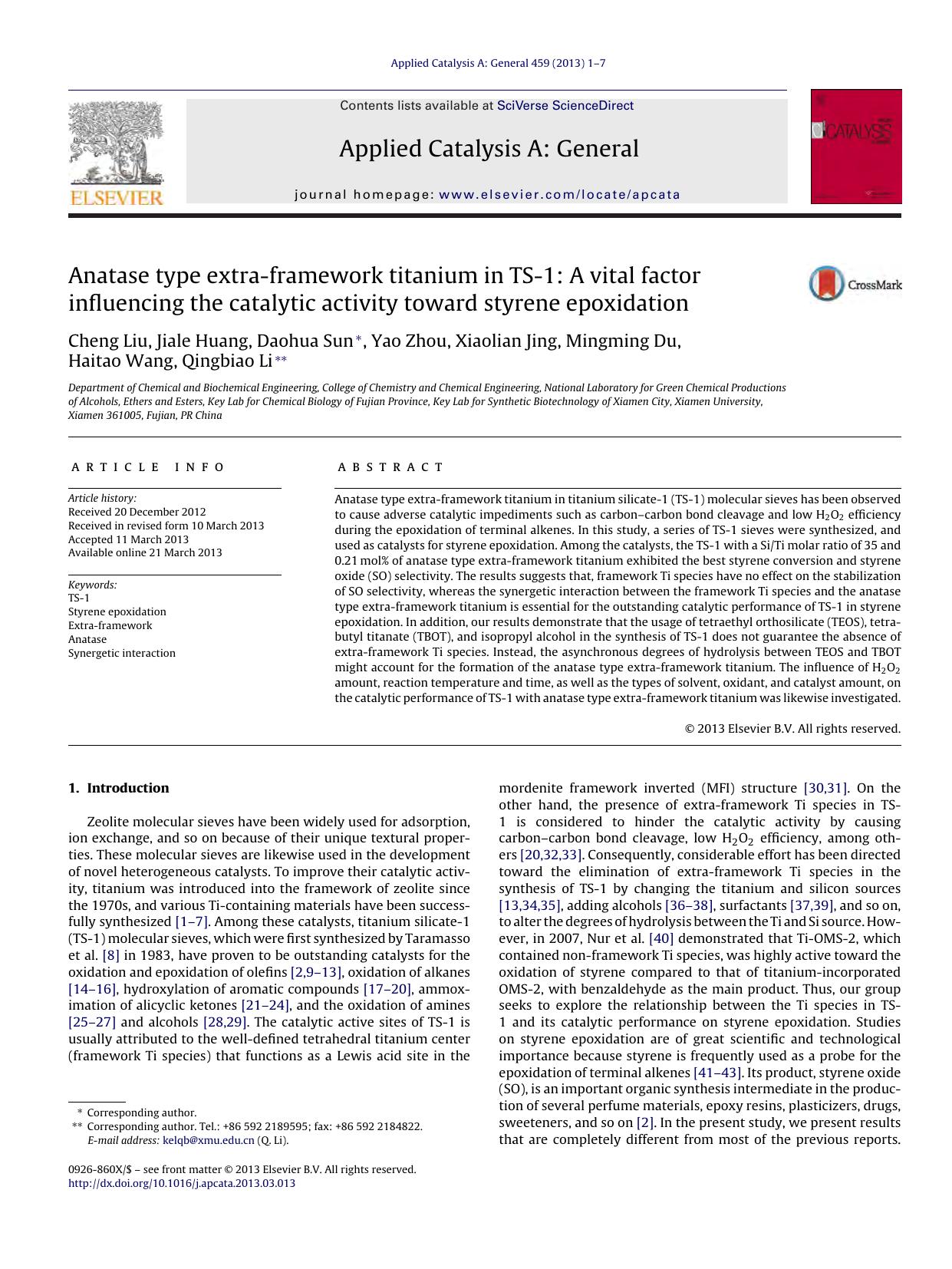Anatase type extra-framework titanium in TS-1: A vital factor influencing the catalytic activity toward styrene epoxidation by unknow