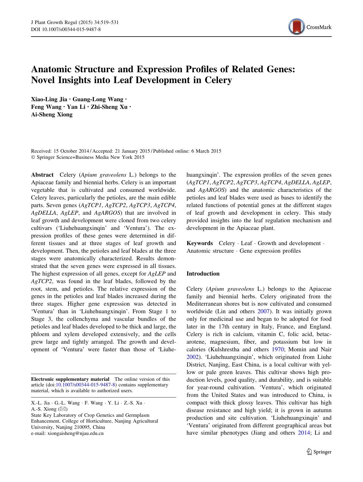 Anatomic Structure and Expression Profiles of Related Genes: Novel Insights into Leaf Development in Celery by Xiao-Ling Jia & Guang-Long Wang & Feng Wang & Yan Li & Zhi-Sheng Xu & Ai-Sheng Xiong